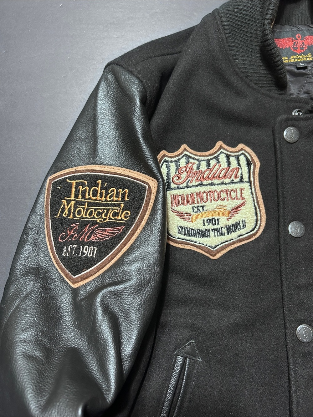 Vintage Indian Motorcycle Leather Sleeve Varsity Bomber Jacket Black L Patches - Picture 10 of 16